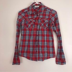Anchor Blue Red Plaid Long Sleeve Women's Medium Flannel Button Front Top